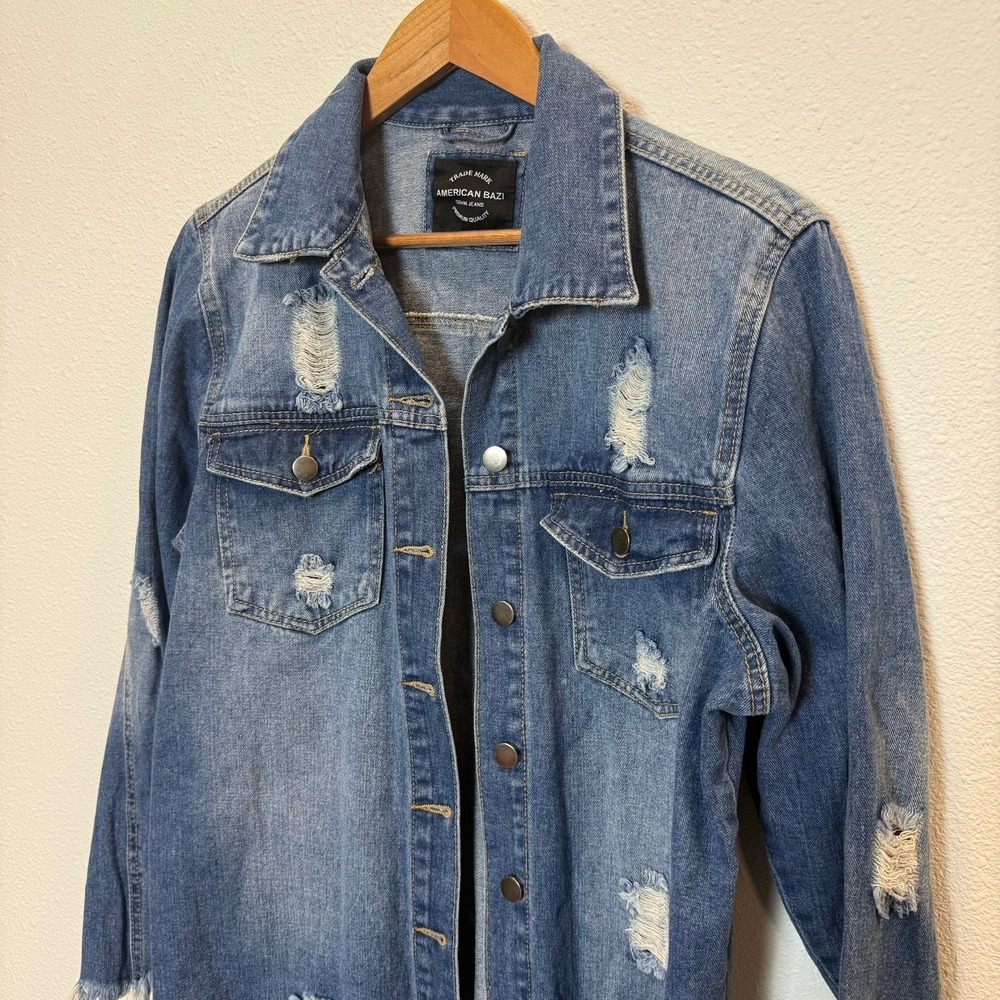 American Bazi Longline Denim Jacket Distressed Dark‎ Wash Womens Medium Boutique